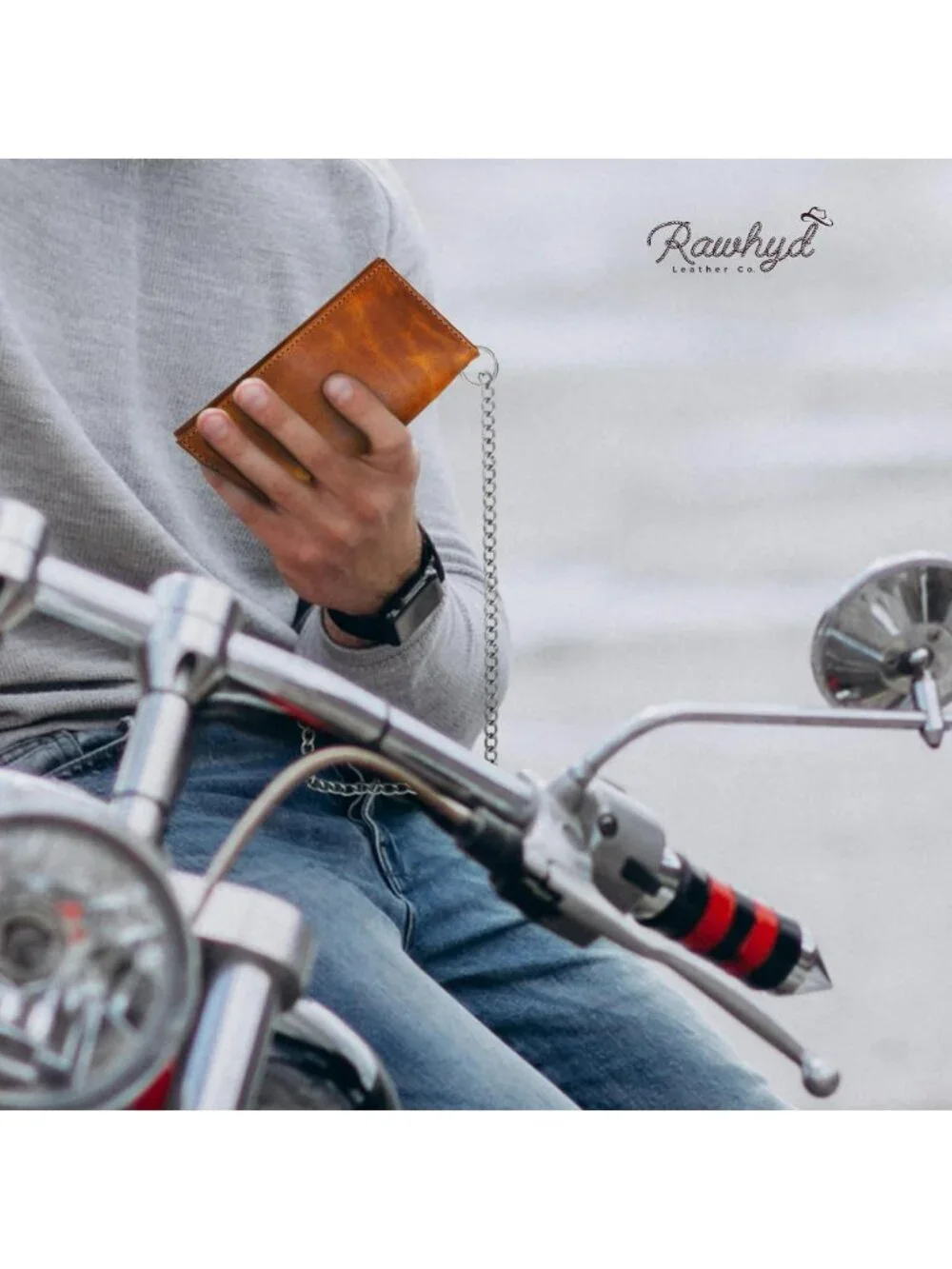 Men's Full Grain Leather Biker Wallet with Chain, Zipper Pocket & Card Slots